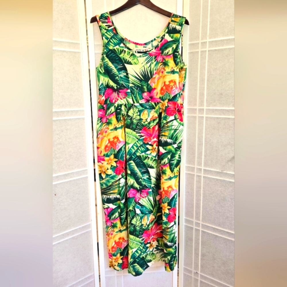 Jams World Tropical Floral Dress - Green, Pink, Yellow Vintage